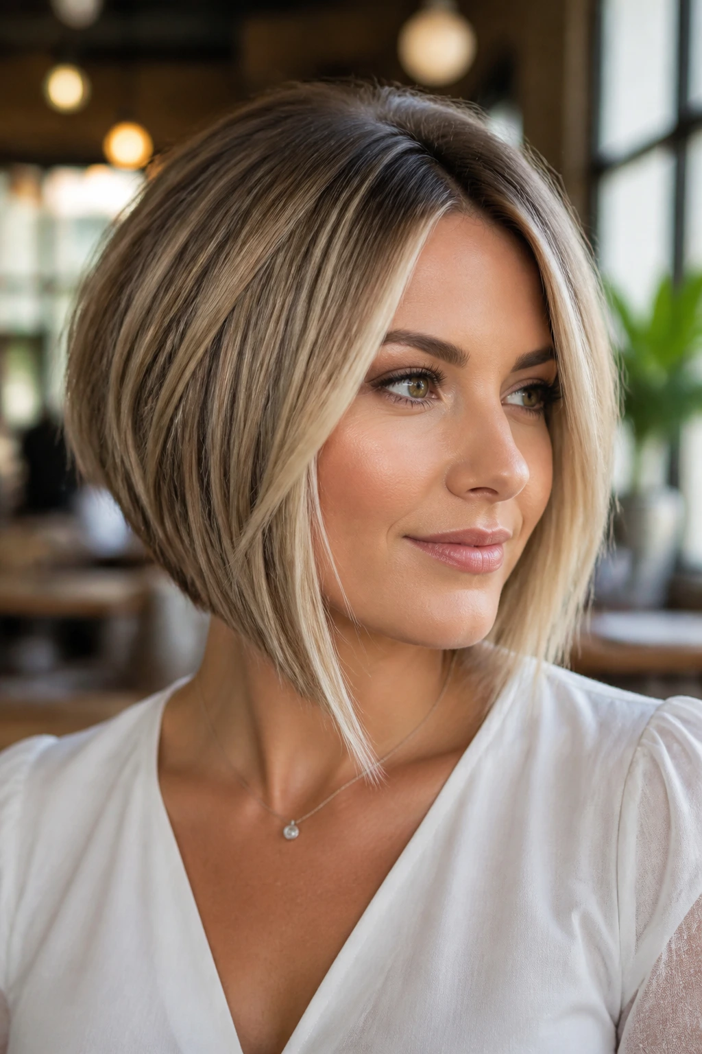 Close-up portrait of a real woman with angled bob and face-framing highlights in pale blonde