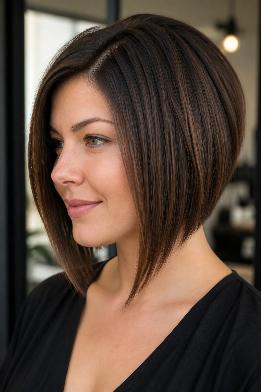 Close-up of real woman with angled A-line bob and interior debulking.