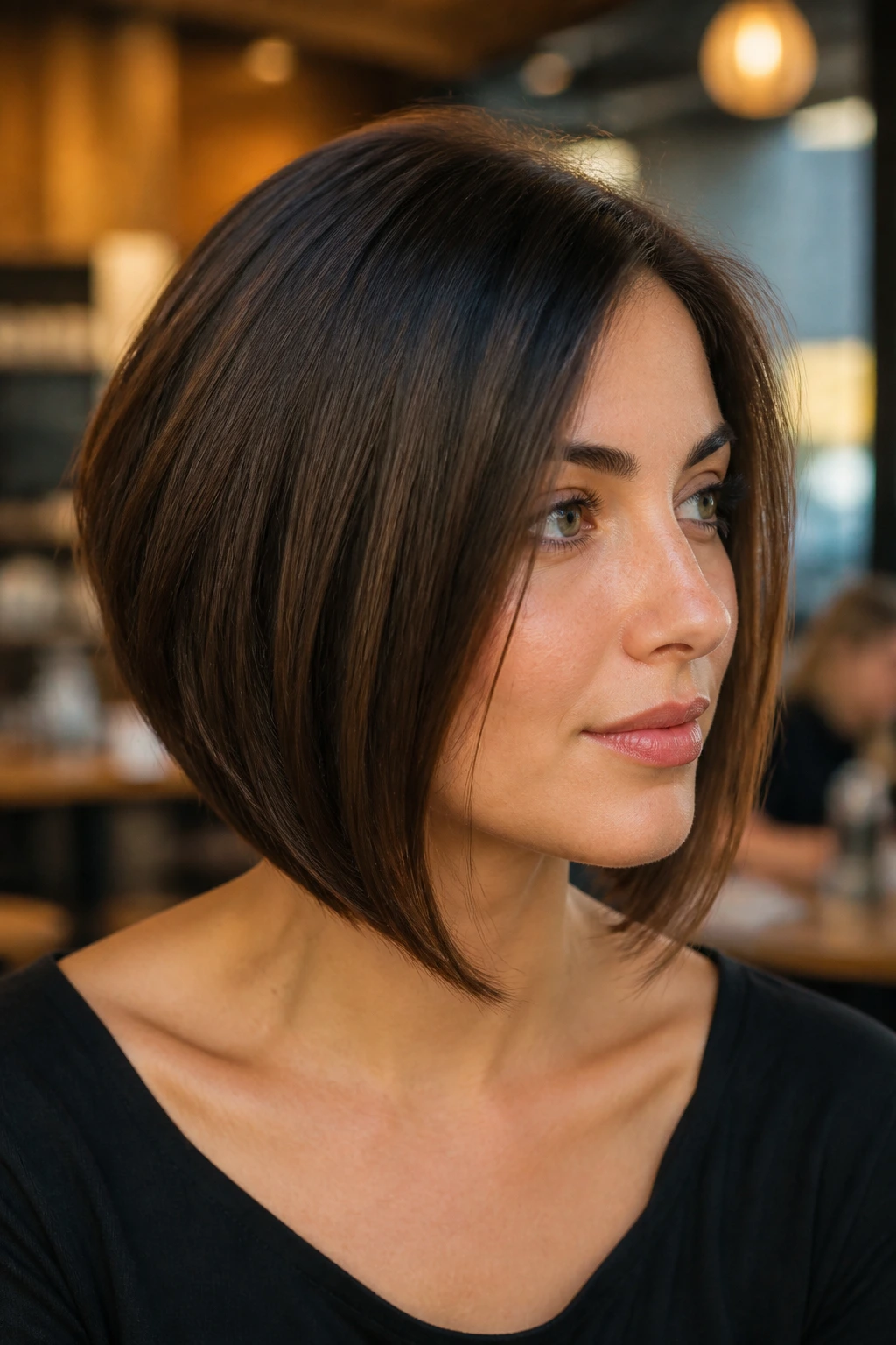 Close-up of a real woman with an angled bob ending below the jaw