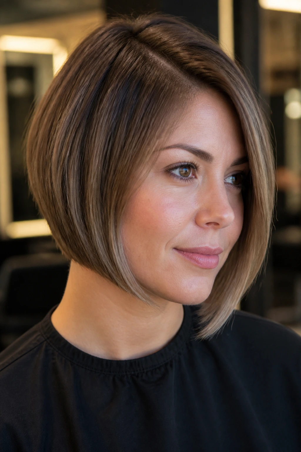 Close-up portrait of a real woman with an angled A-line bob skimming the jaw