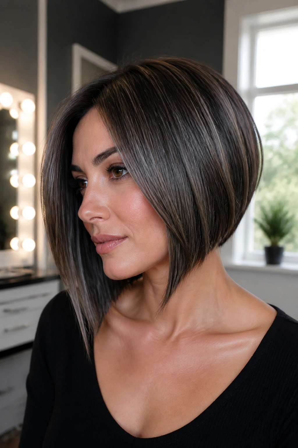 Close-up of a real woman with an angled bob and jawline-enhancing ash/graphite tones.