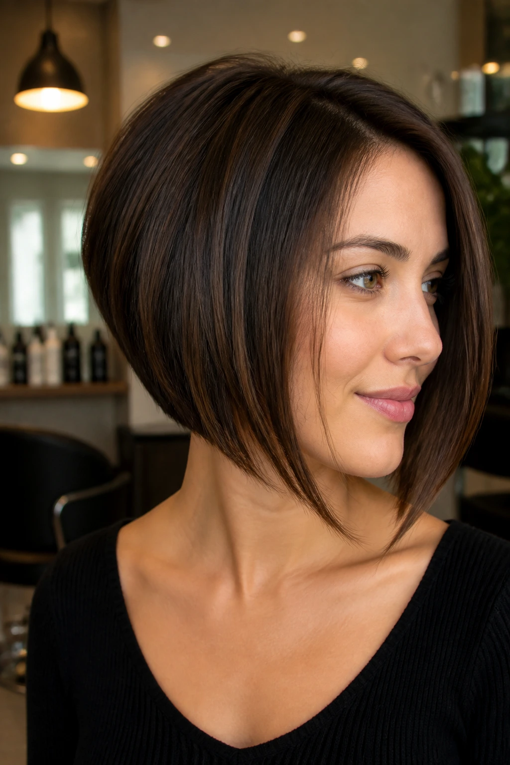 Real woman with angled bob skimming the jaw.