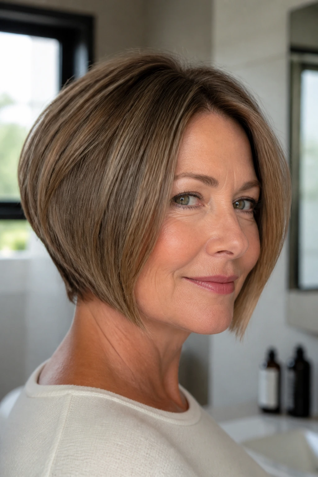Real woman with angled bob skimming the jawline