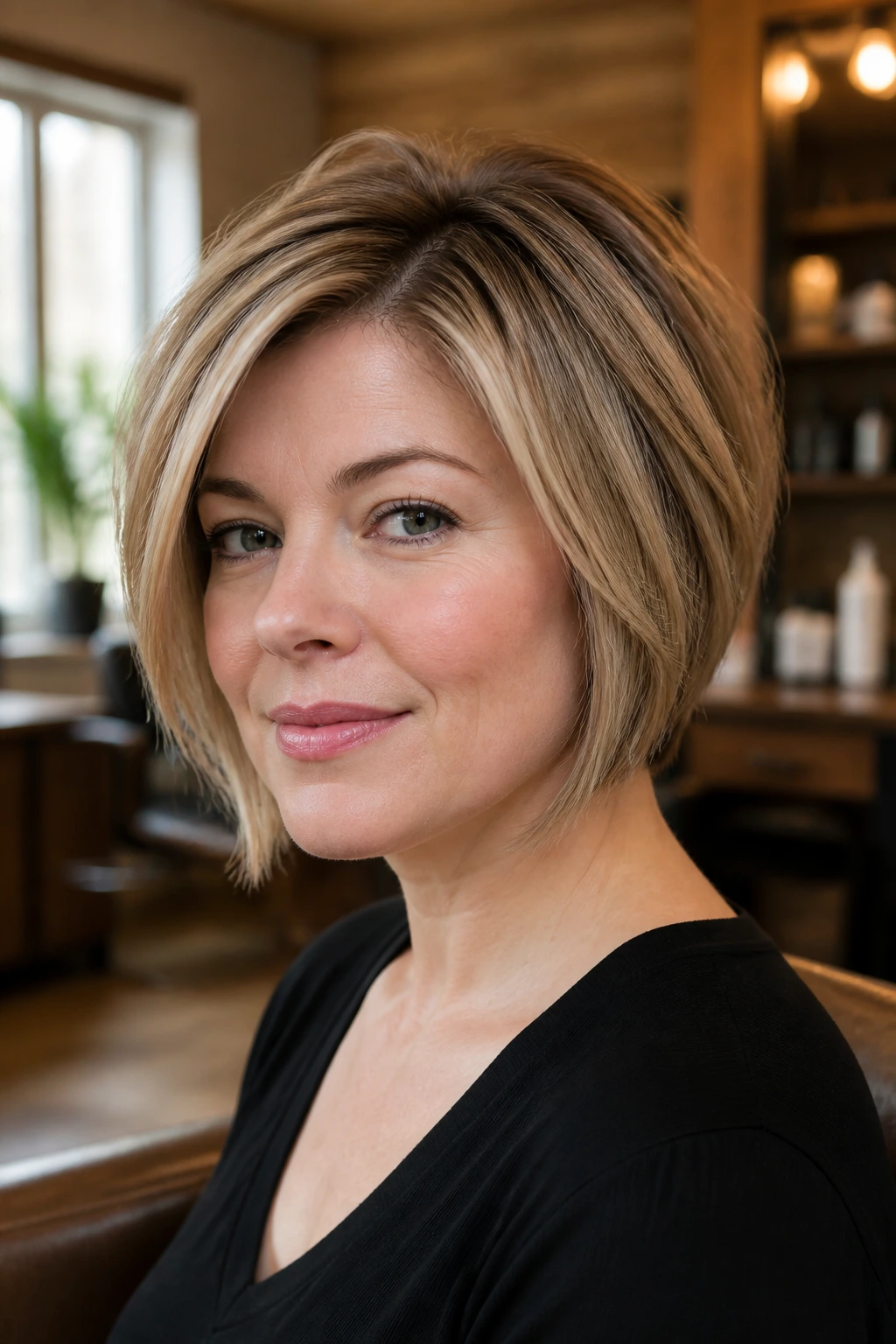 Close-up portrait of a real woman with an angled bob and crown lift in a salon.