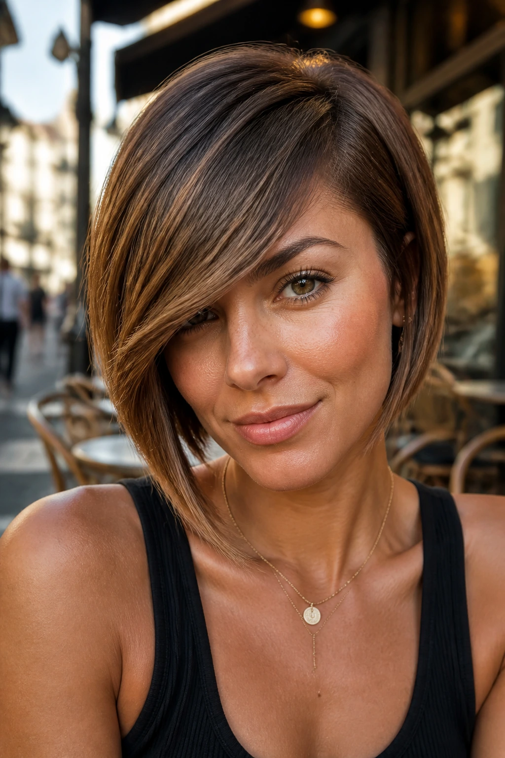 Portrait of a woman with angled bob and long swept fringe in warm outdoor light.
