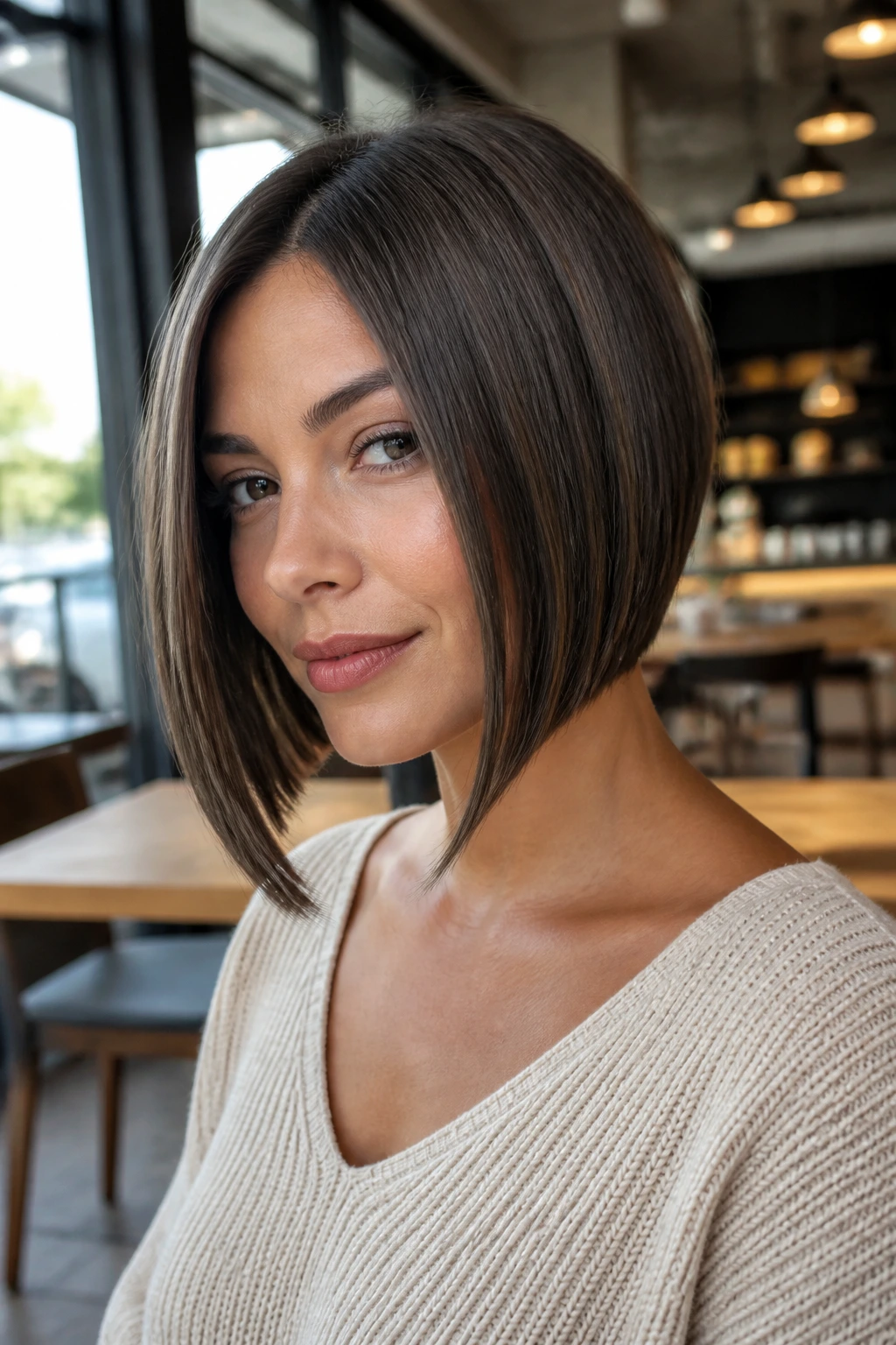 Close-up of a real woman with an angled bob and longer front corners
