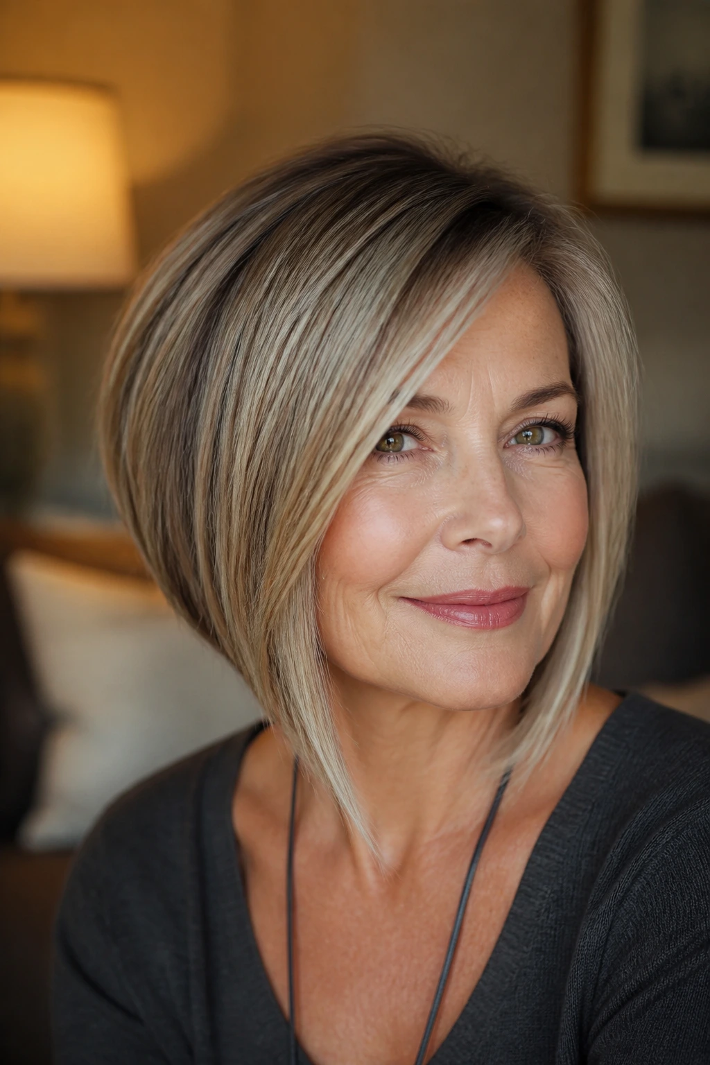 Portrait of woman with angled bob and longer front under warm room light