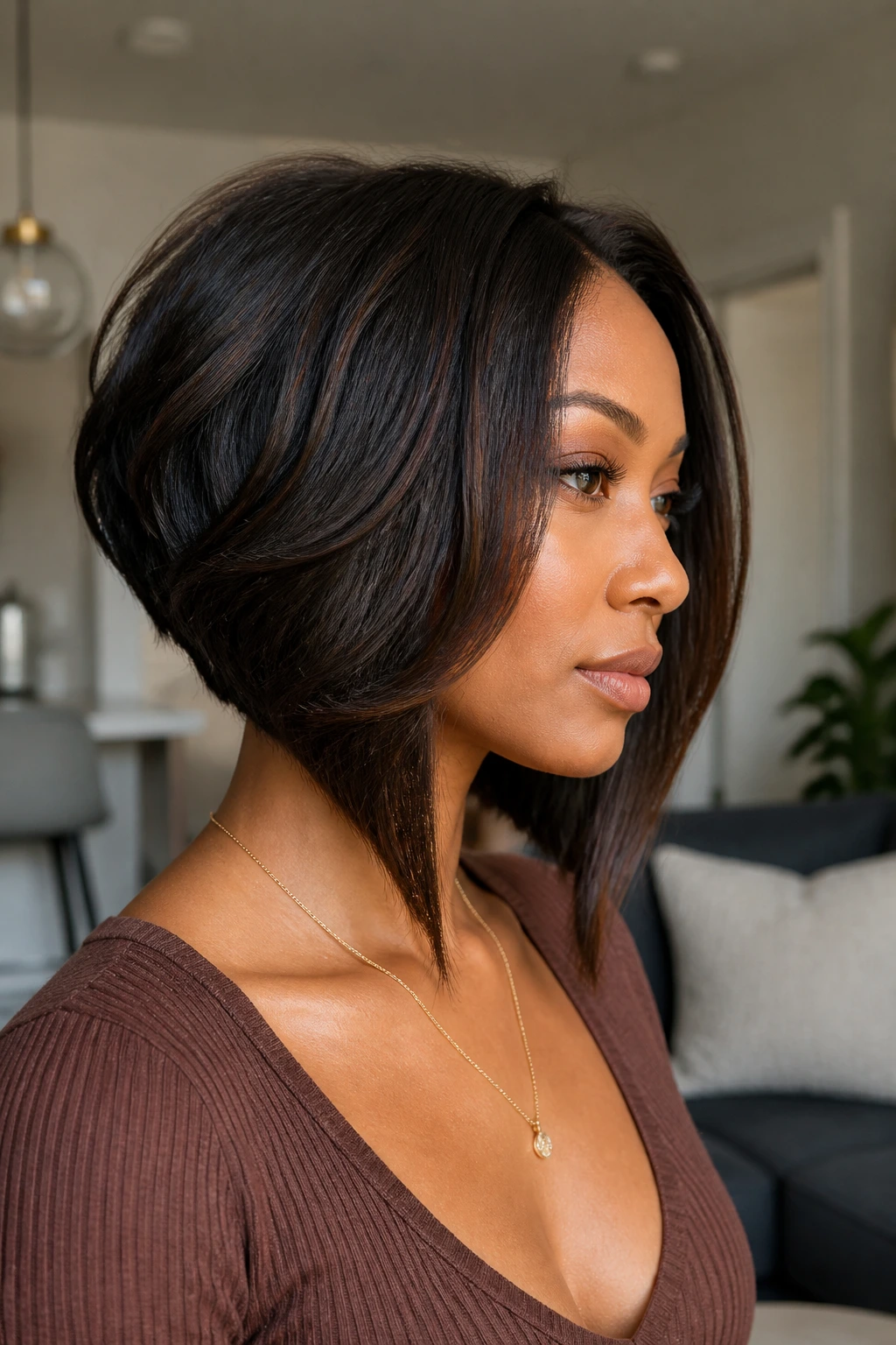 Real woman with angled bob featuring longer front pieces.