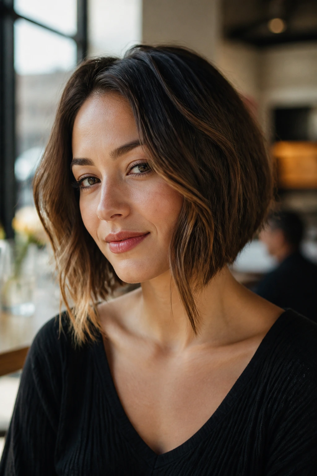 Close-up of a real woman with angled bob and longer front pieces
