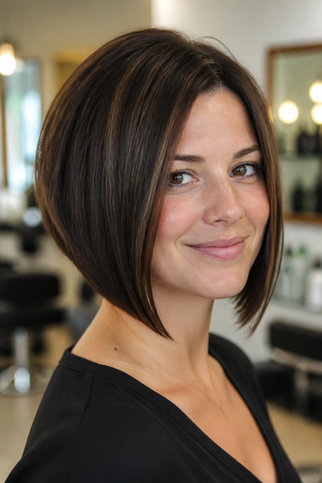 Close-up portrait of a real woman with angled bob and longer front pieces skimming the jaw in a warm salon.