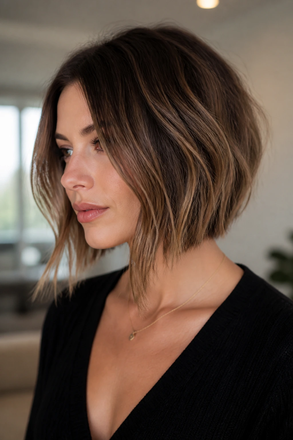 Portrait showing angled bob with longer front pieces on a real person.