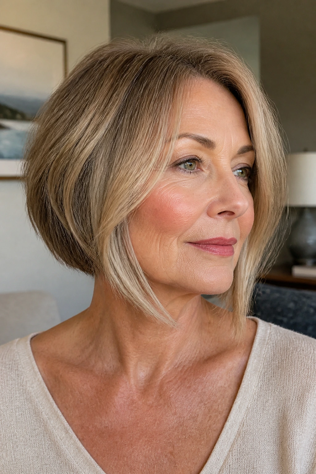 Close-up portrait of a real woman with an angled bob and longer front pieces.