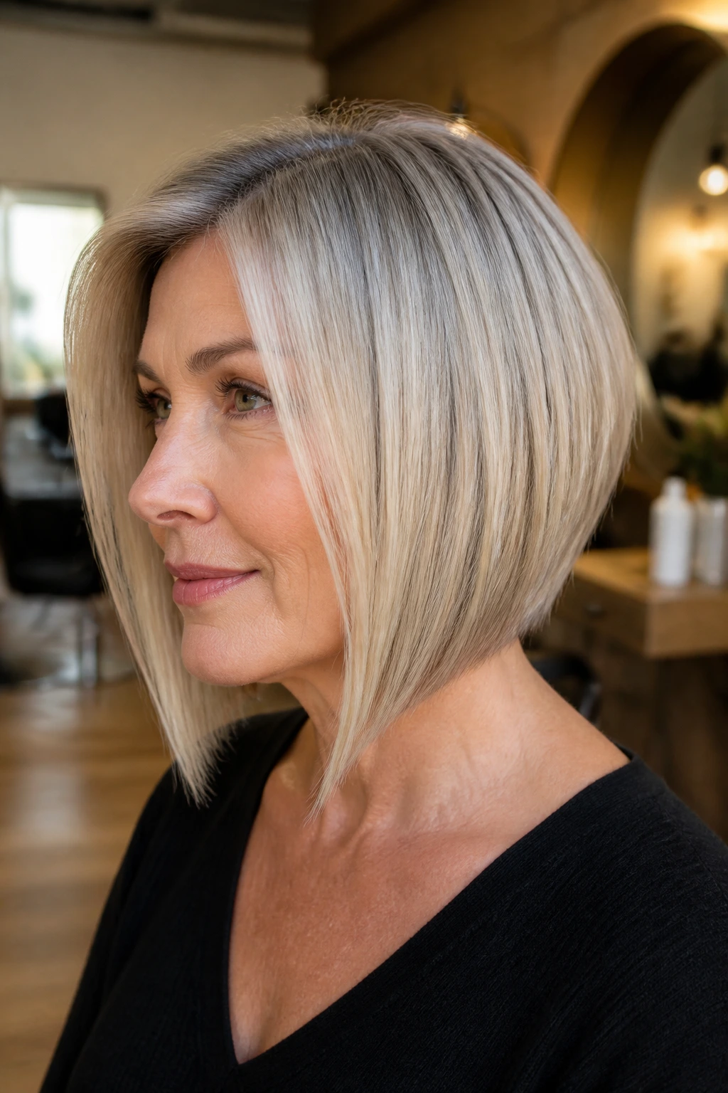 Close-up of a woman with angled bob and longer front pieces in a bright salon