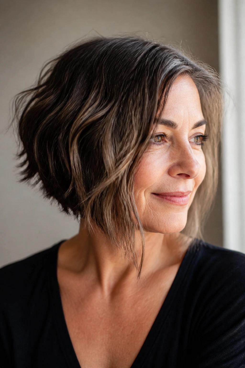 Portrait of a real woman with angled bob and longer front pieces