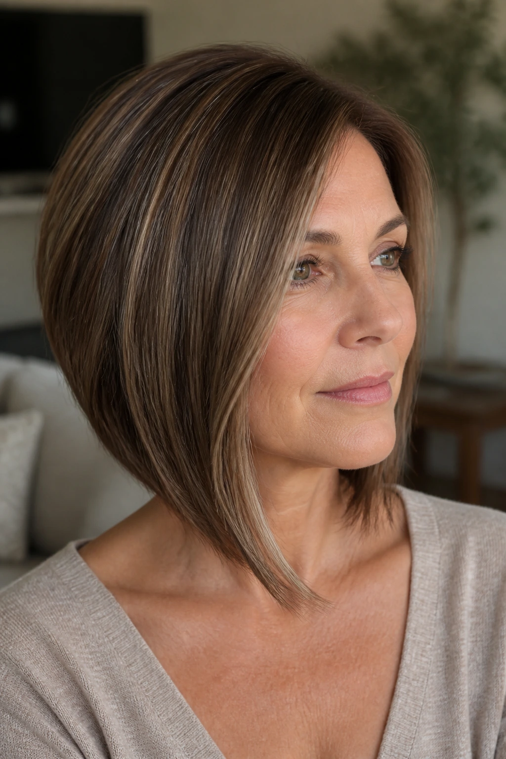 Portrait of a real woman with angled bob and mocha babylights