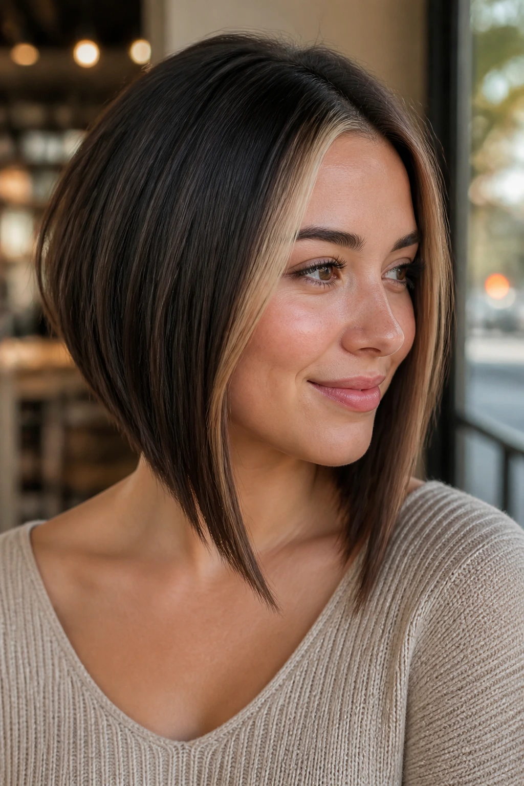 Portrait of a woman with an angled bob and high-start money piece