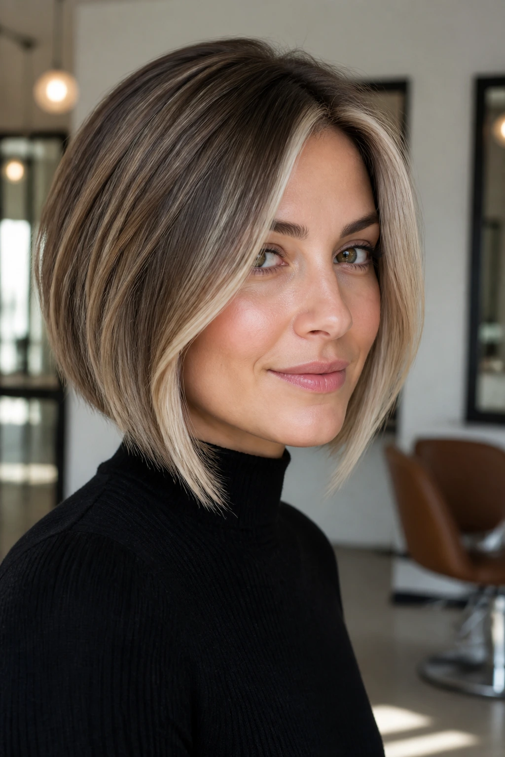 Portrait of a woman with angled bob and money piece highlights