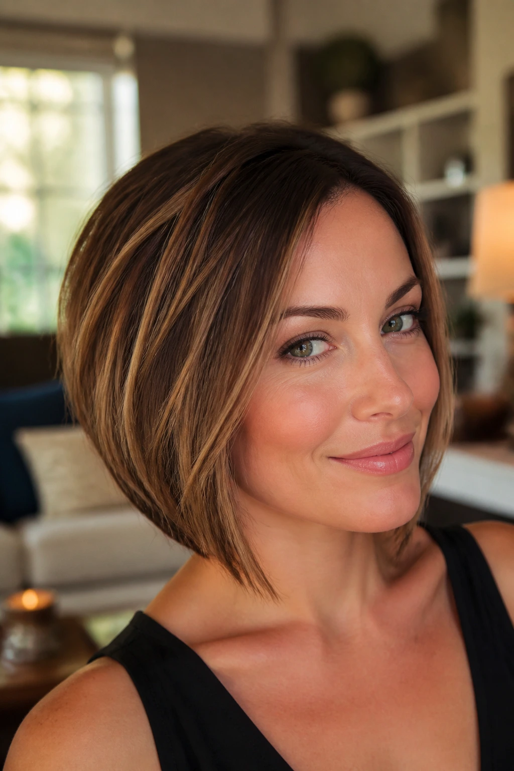 Close-up portrait of a woman with an angled bob in warm window light.