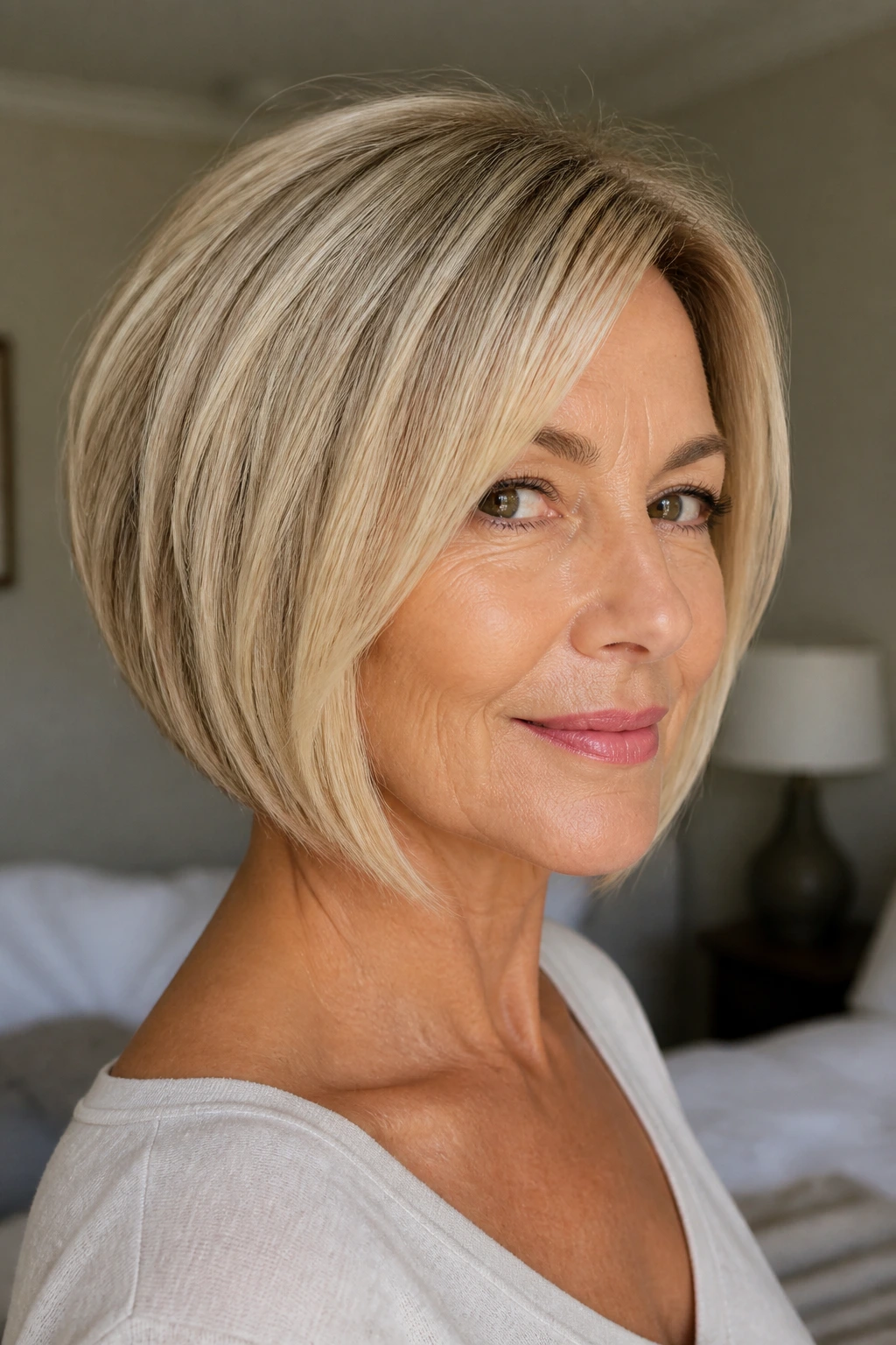 Close-up of a real woman with an angled bob showing shorter back and longer front in soft natural light
