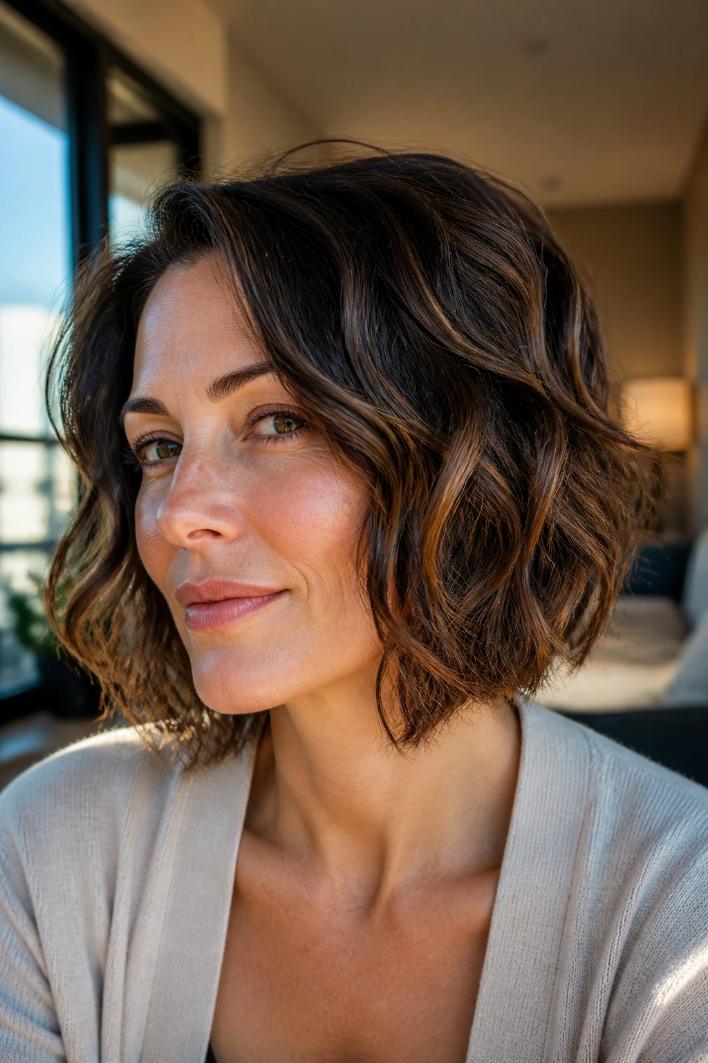 Close-up of real woman with intentional angled bob showing a crisp jawline and waves