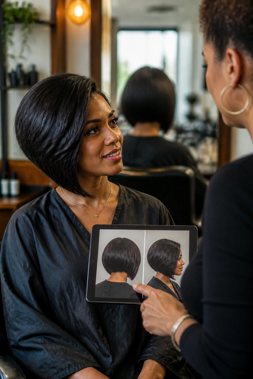 Woman in a salon chair discussing angled bob with stylist, side and back view