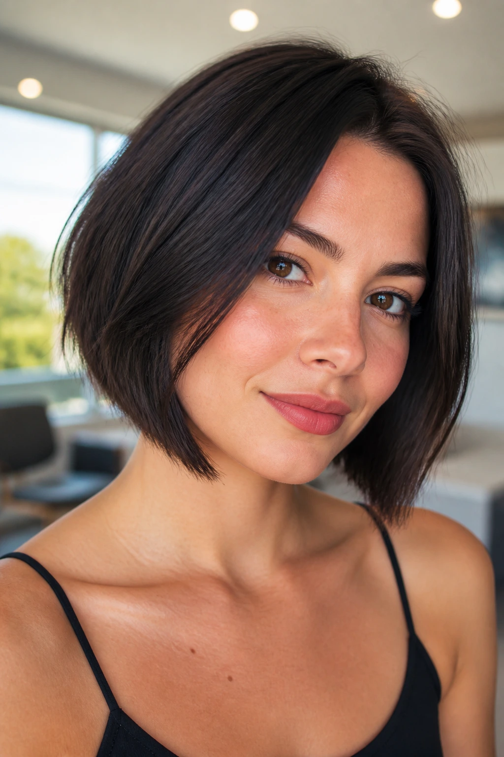 Portrait of a woman with an angled bob that flatters a round face
