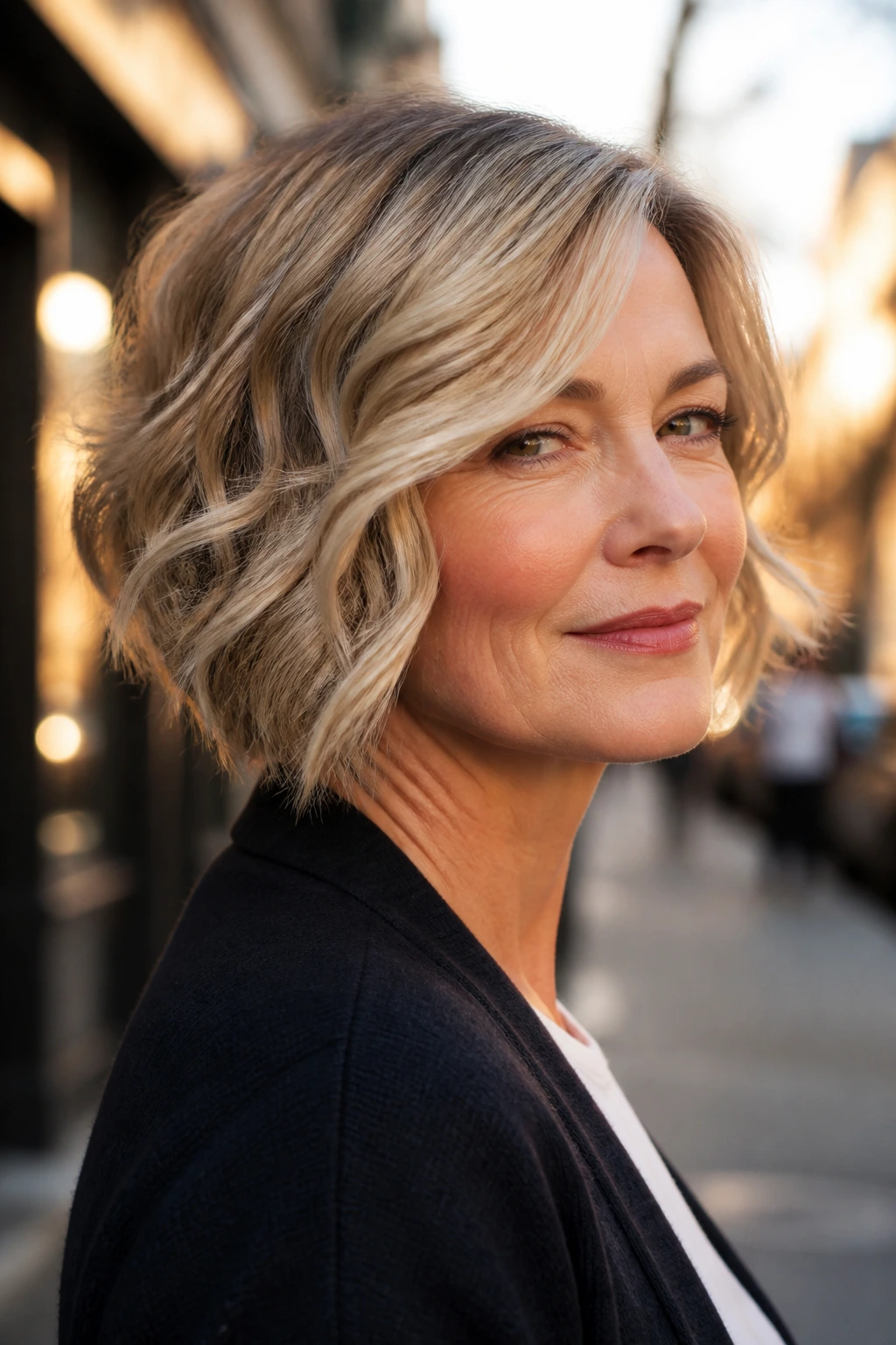 Portrait of a woman with angled bob and loose S-bends