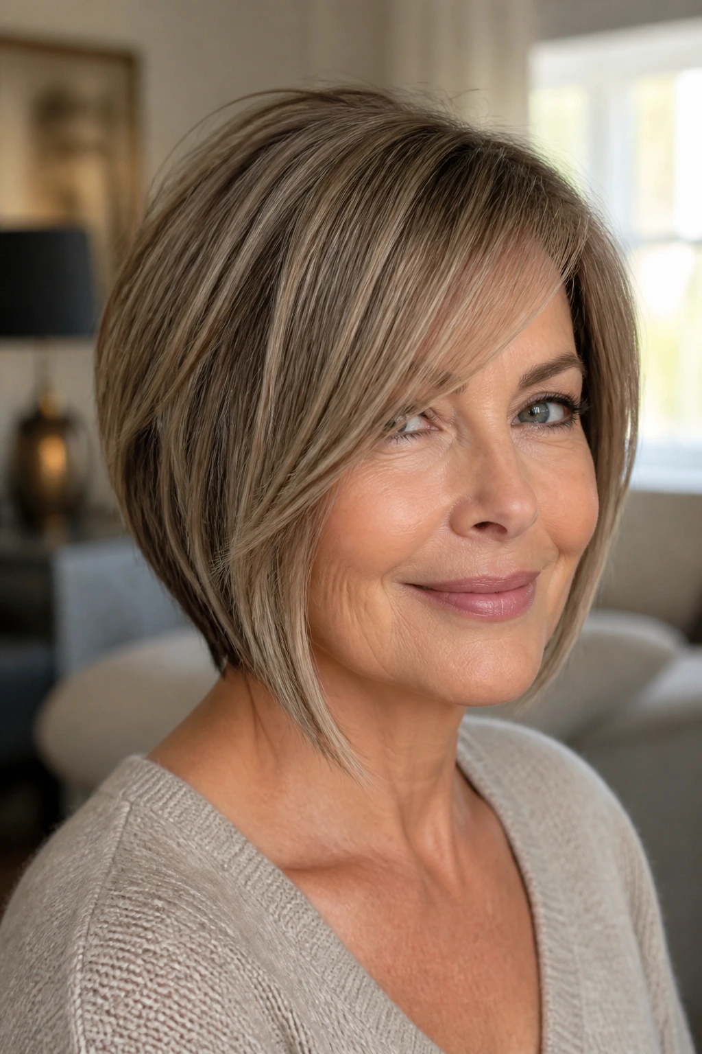 Portrait of a real woman wearing an angled bob with side bangs