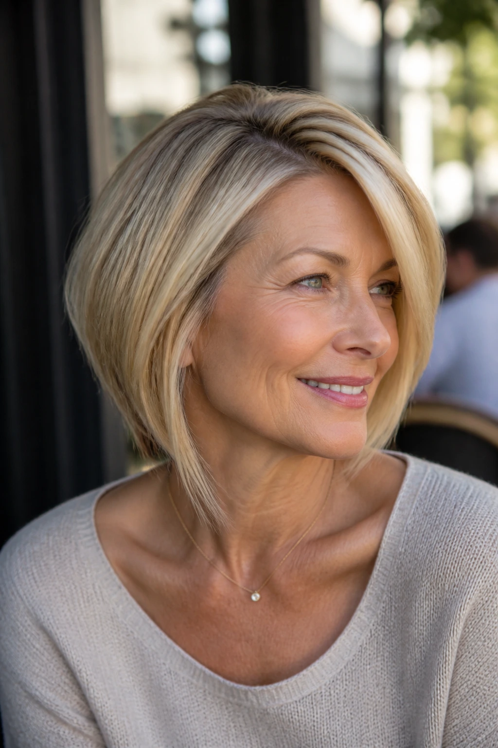 Portrait of a woman with angled bob and deep side part