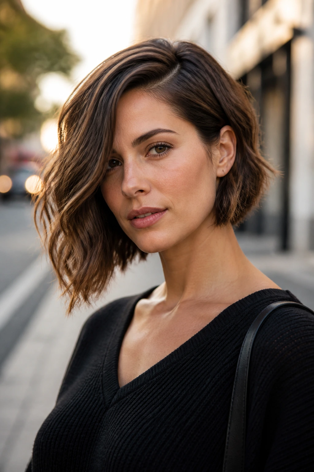 Real woman with sidem parted angled bob in golden hour light