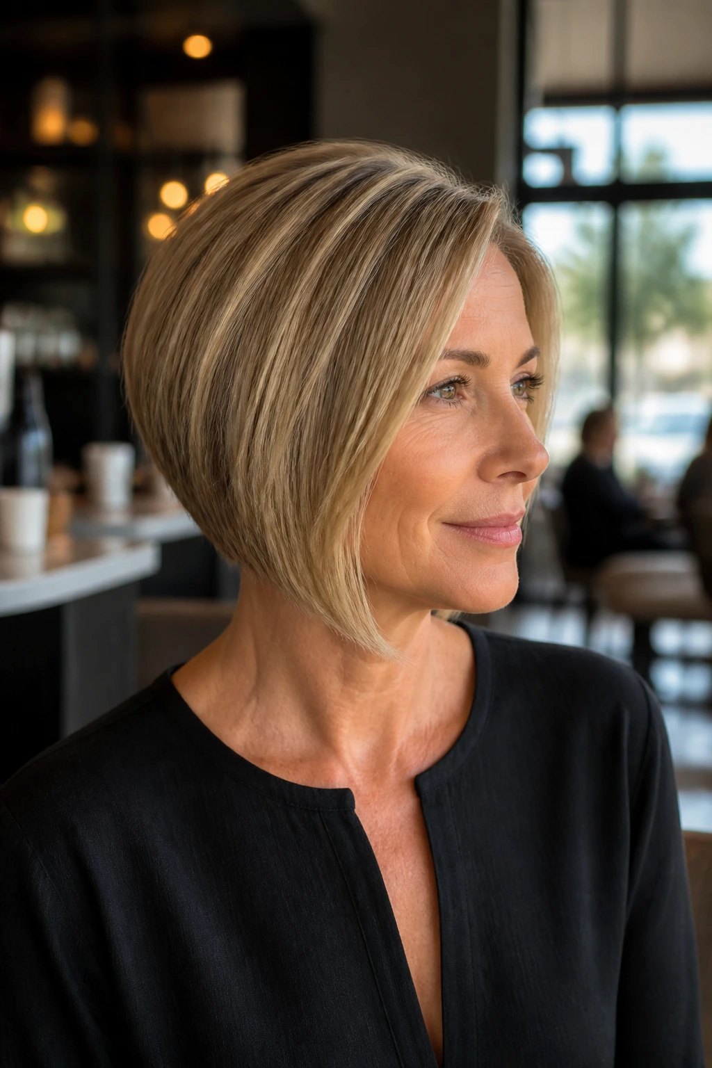 Three-quarter portrait of a woman with angled bob and subtle graduation
