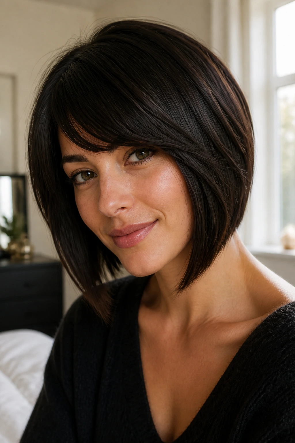 Close-up portrait of a real woman with angled bob and soft swoop bangs in a sunlit bedroom