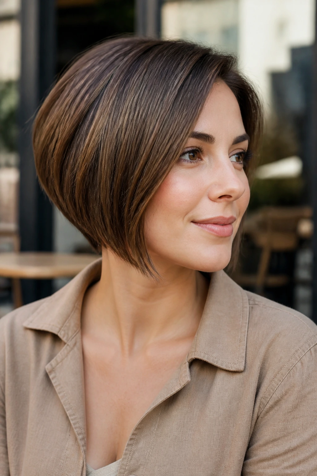 Real person wearing an angled bob with tapered nape