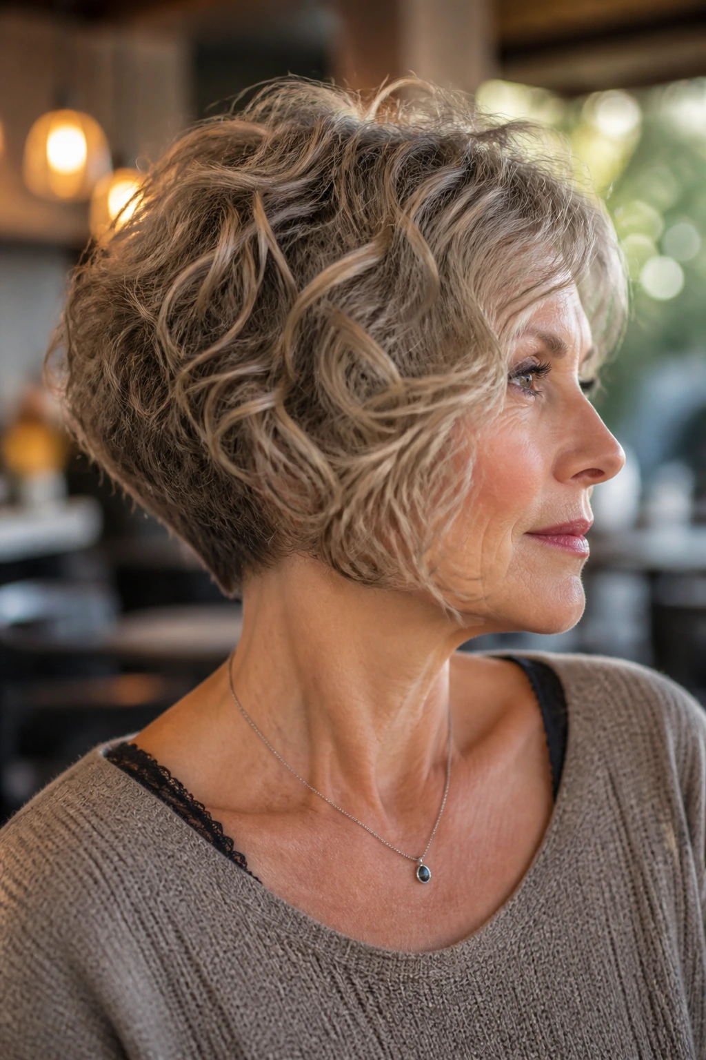 Portrait of a real woman wearing an angled bob with a tapered nape