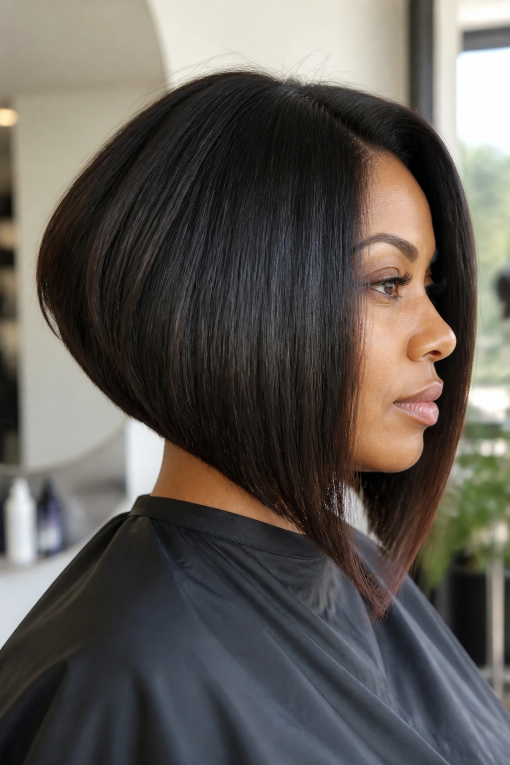 Portrait of a real Black woman with thick angled bob showing weight distribution and movement