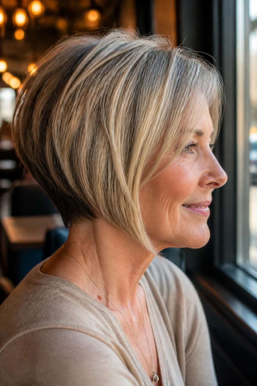 Close-up portrait of a real woman with angled bob and tucked nape in warm cafe window light
