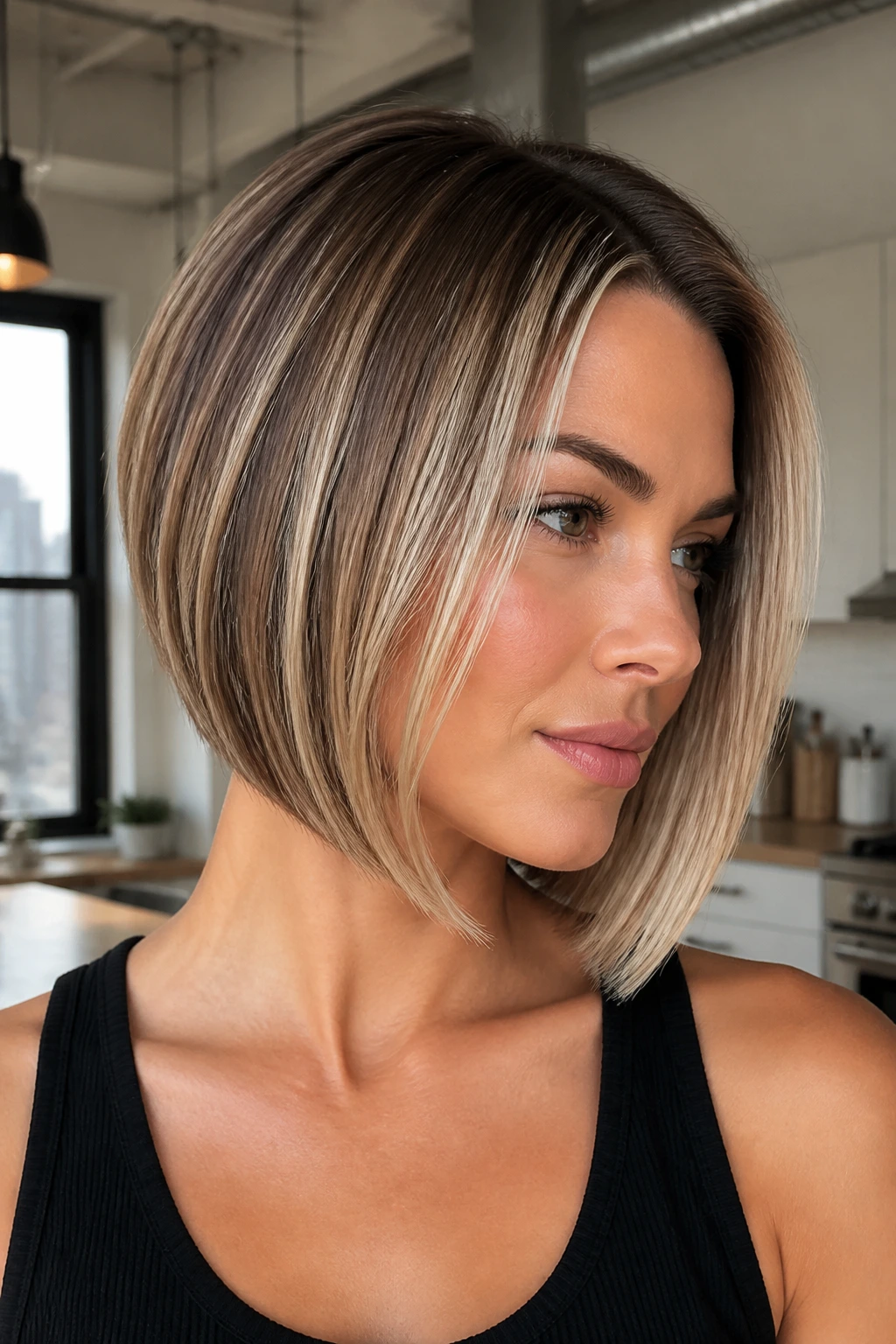 Real woman angled bob with vanilla cream babylights sharpening the angle.