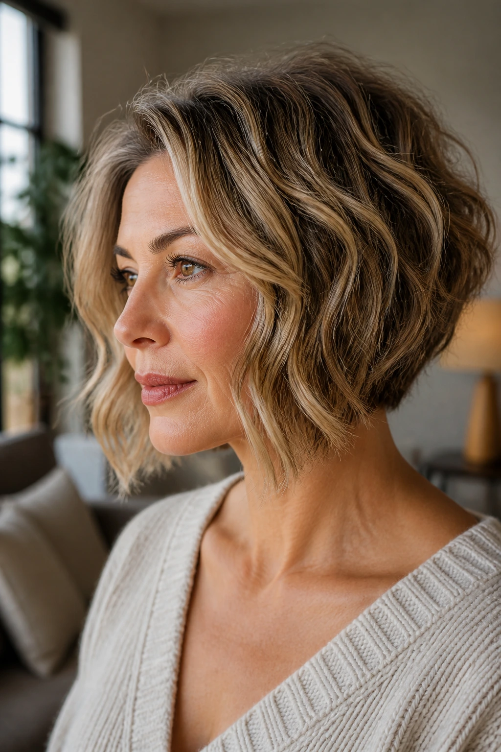Close-up portrait of a real woman with angled bob on wavy hair under natural window light