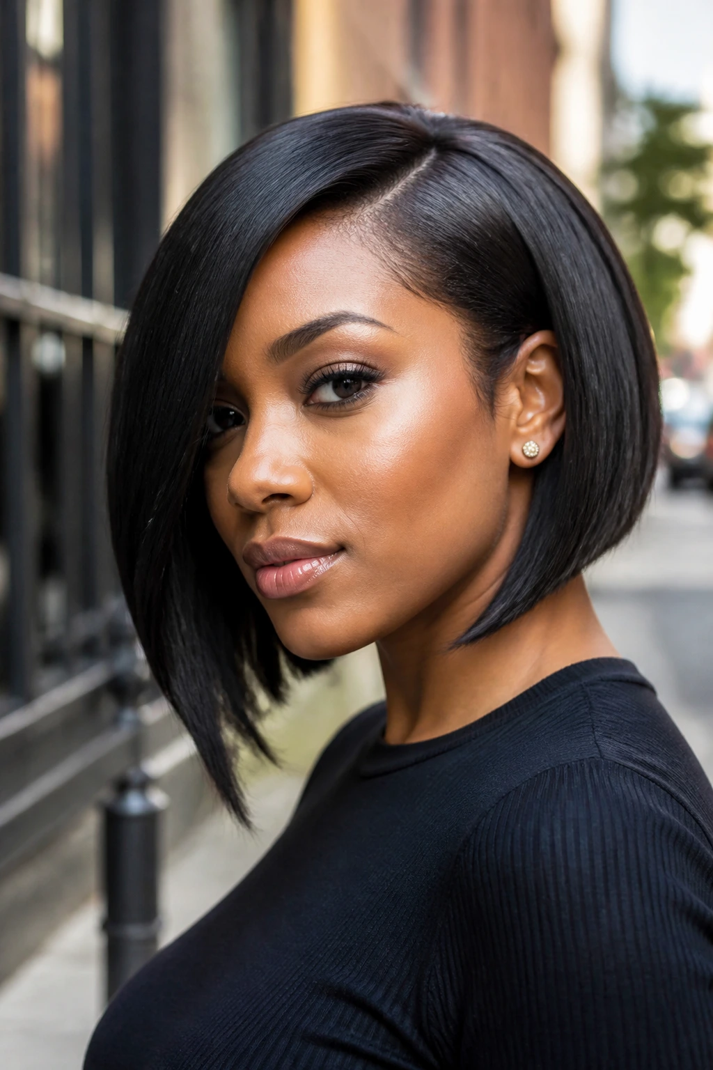 Real woman with angled bob wearing the cut in an outdoor urban setting