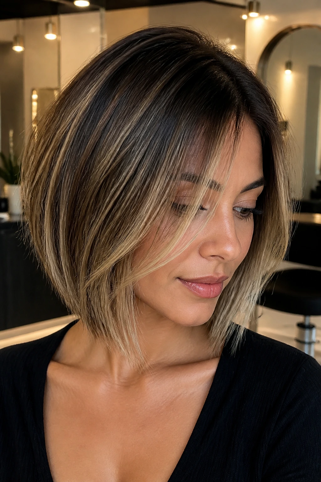 Brunette angled bob with wispy front pieces, close-up.