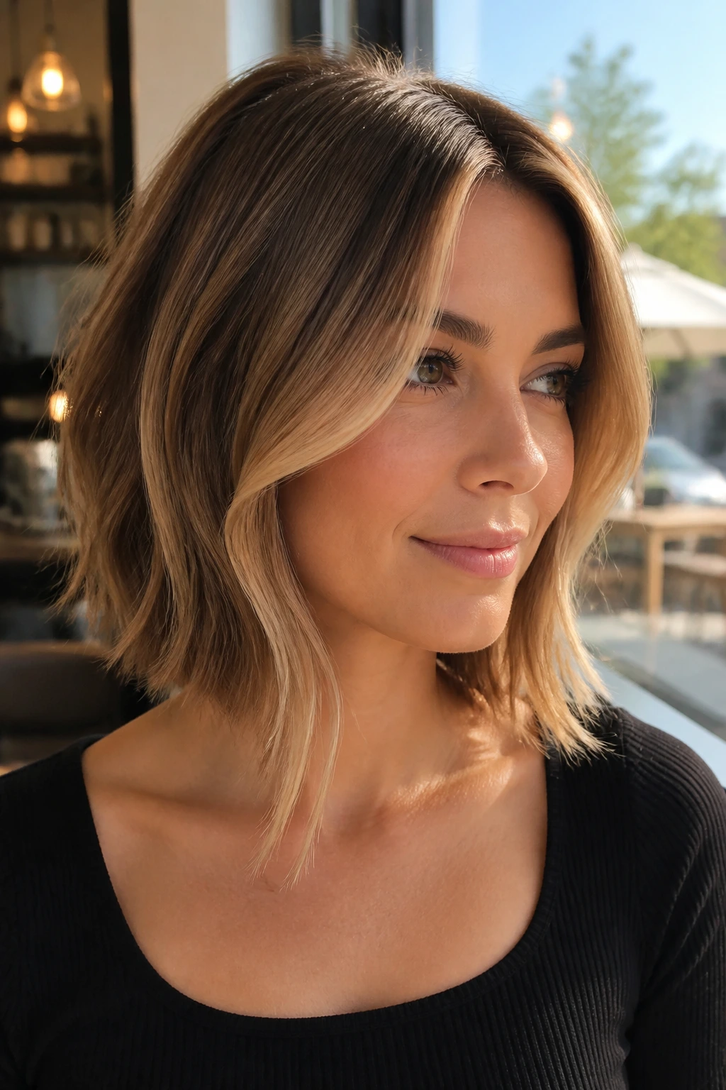 Close-up of angled caramel lob with a soft side part on a real woman.