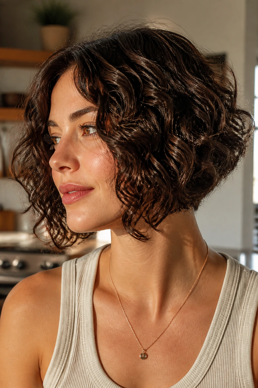 Portrait of a woman with an angled chin-length bob and longer front pieces.