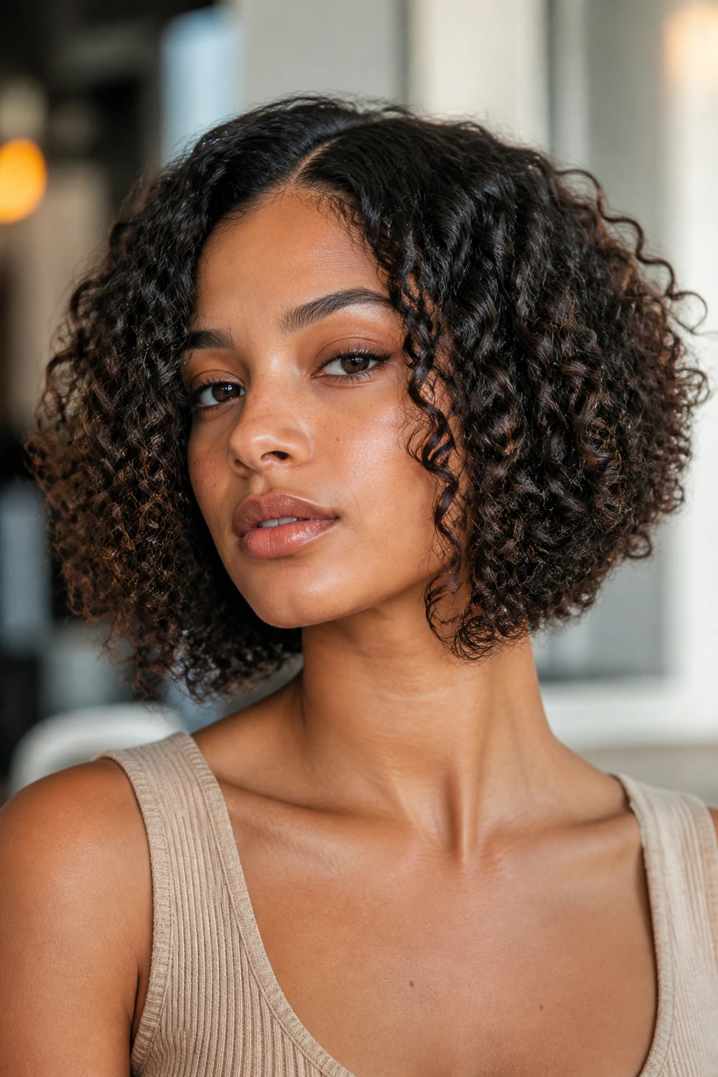 Close-up of a woman with angled chin-length curly bob