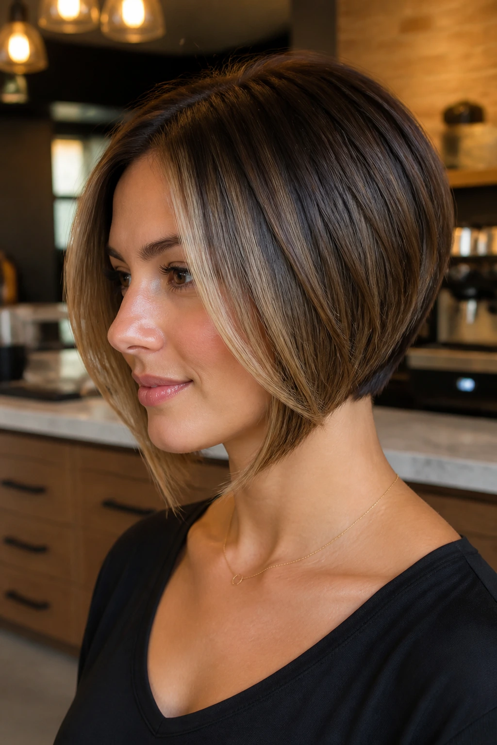 Portrait of a real woman with an angled chin-length bob and caramel highlights along the front