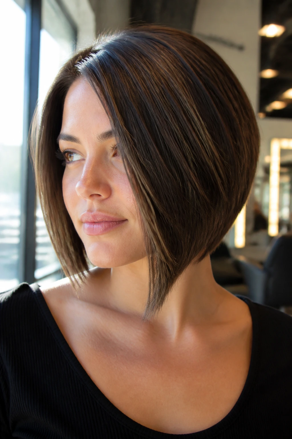 Close-up of a real woman with an angled chin-length bob and off-center part in a sunlit salon