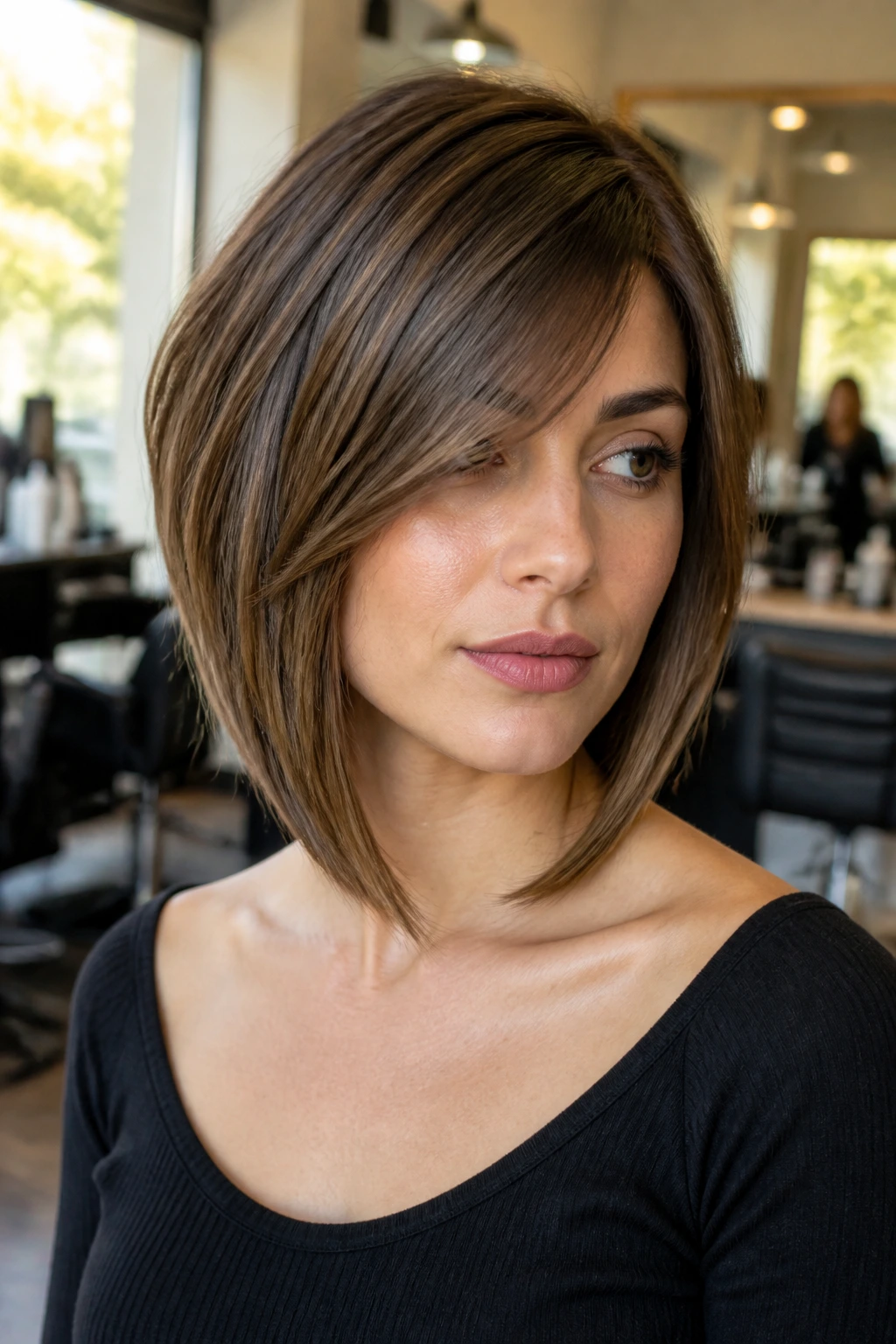 Close-up of a real woman with an angled collarbone bob and side-swept fringe