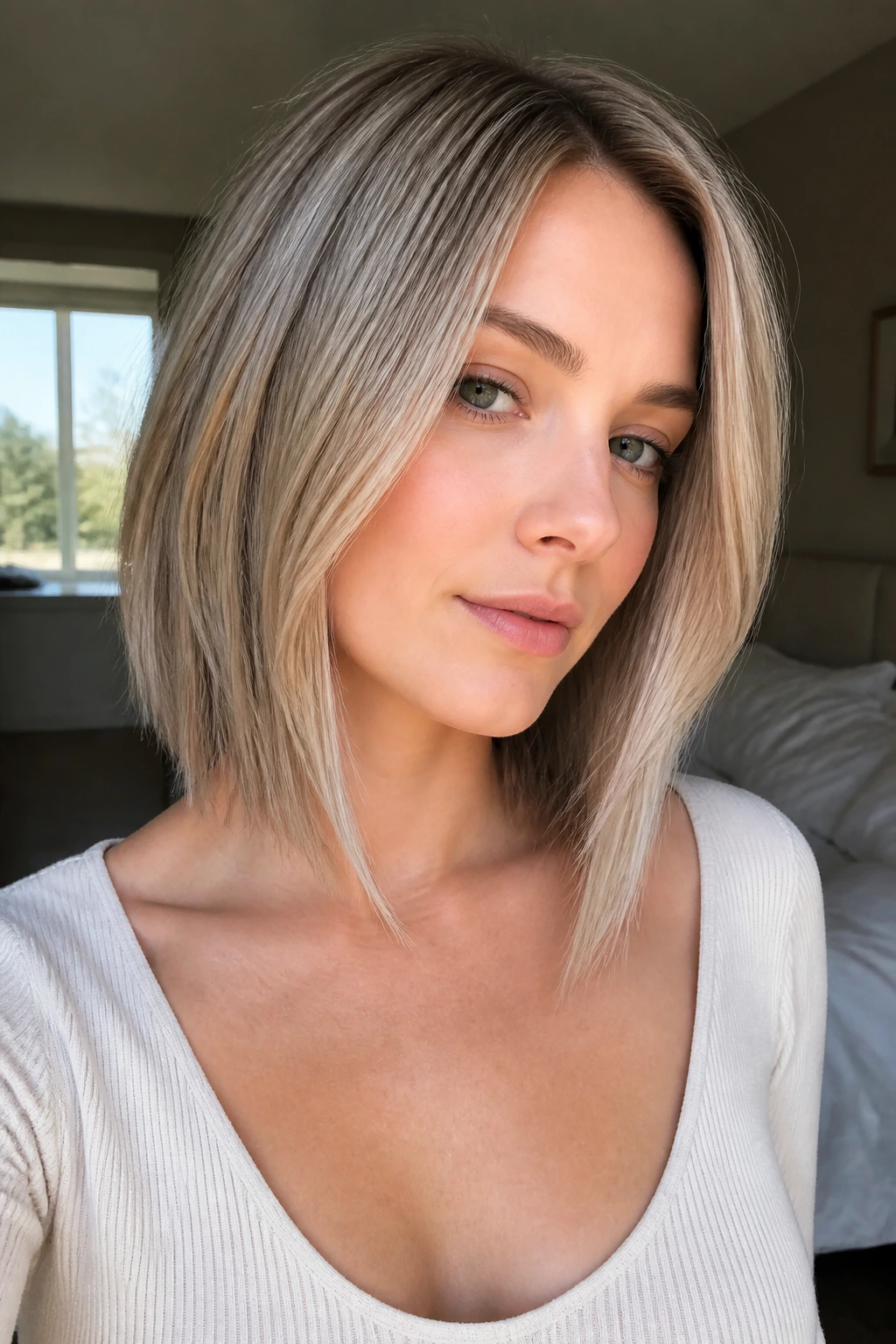 Close-up of a real person with angled collarbone lob in ash blonde under natural window light