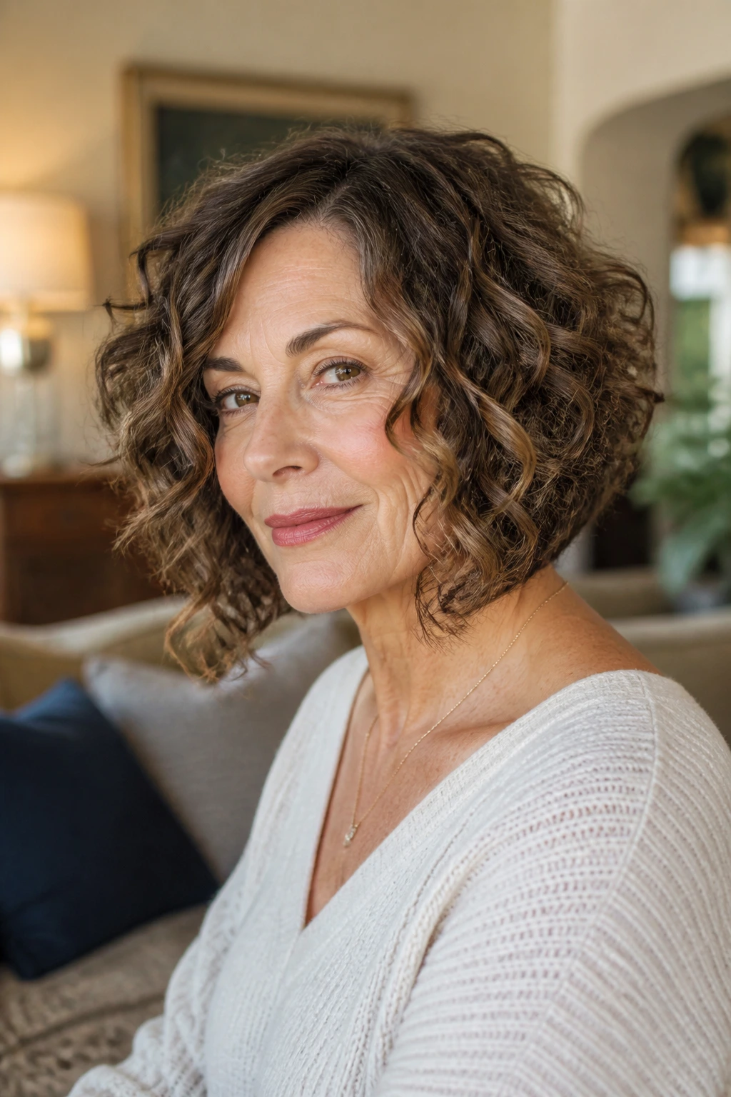 Angled curly bob portrait with longer front pieces