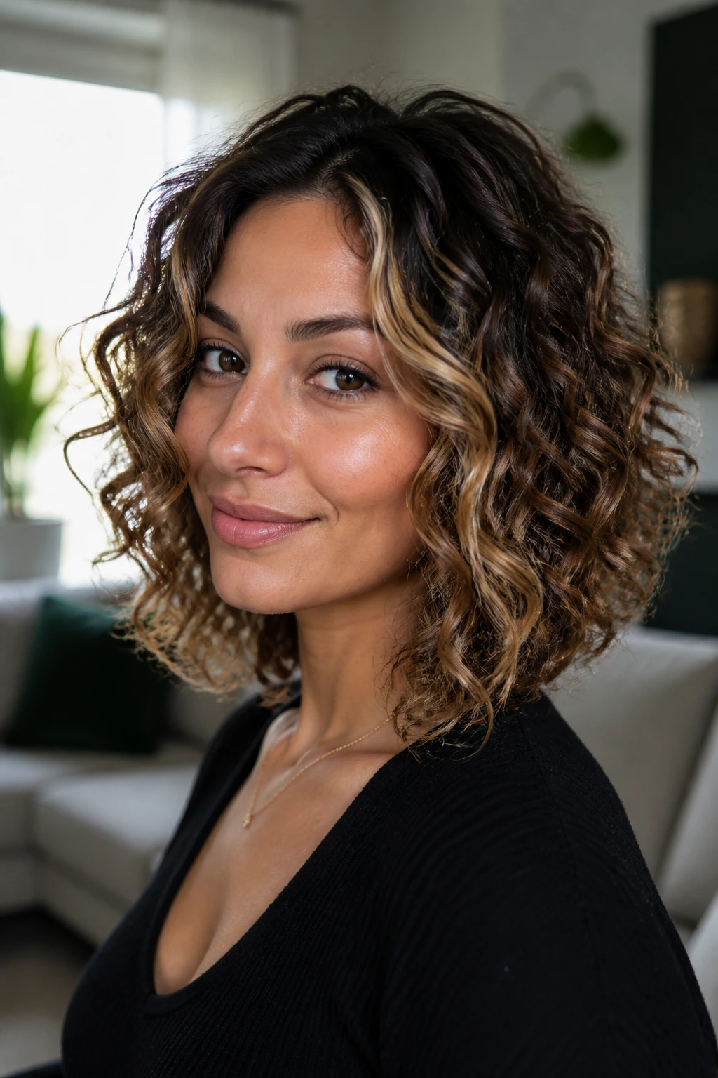Close-up of angled curly lob with bright front pieces on a real woman in a softly lit room