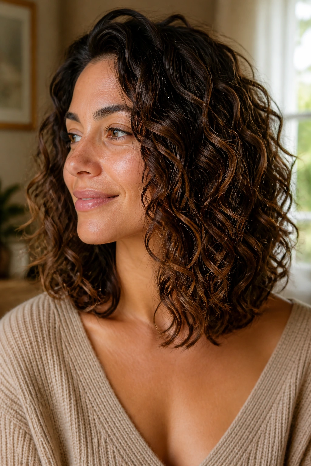 Close-up portrait of a real woman with angled shoulder-length curls forming a diagonal line